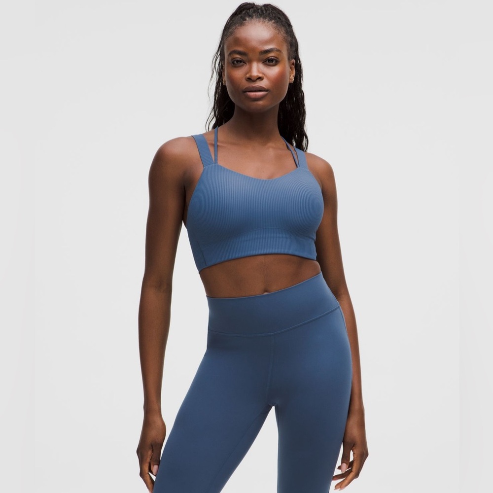 Like a Cloud Ribbed Longline Bra Light Support, D/DD Cup Size 12 in Blue Twill